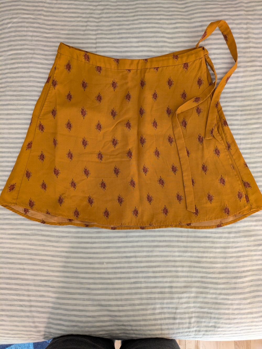 Toad&Co Mustard Wrap Skirt with Red Accent Print